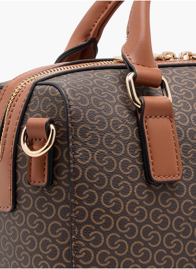 Celeste Women's Monogram Print Bowler Bag with Double Handle and Zip Closure  - Image 5