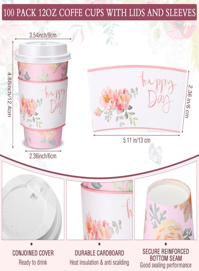 Remerry 100 Pcs 12oz Floral Disposable Coffee Cups with 100 Lids and 100 Sleeves Paper Insulated Drink Hot Coffee Paper Cups with Dome Lids and Sleeves for Parties Wedding Baby Shower(Fresh) - Image 2