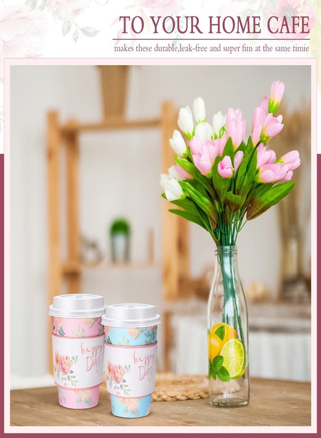 Remerry 100 Pcs 12oz Floral Disposable Coffee Cups with 100 Lids and 100 Sleeves Paper Insulated Drink Hot Coffee Paper Cups with Dome Lids and Sleeves for Parties Wedding Baby Shower(Fresh) - Image 4