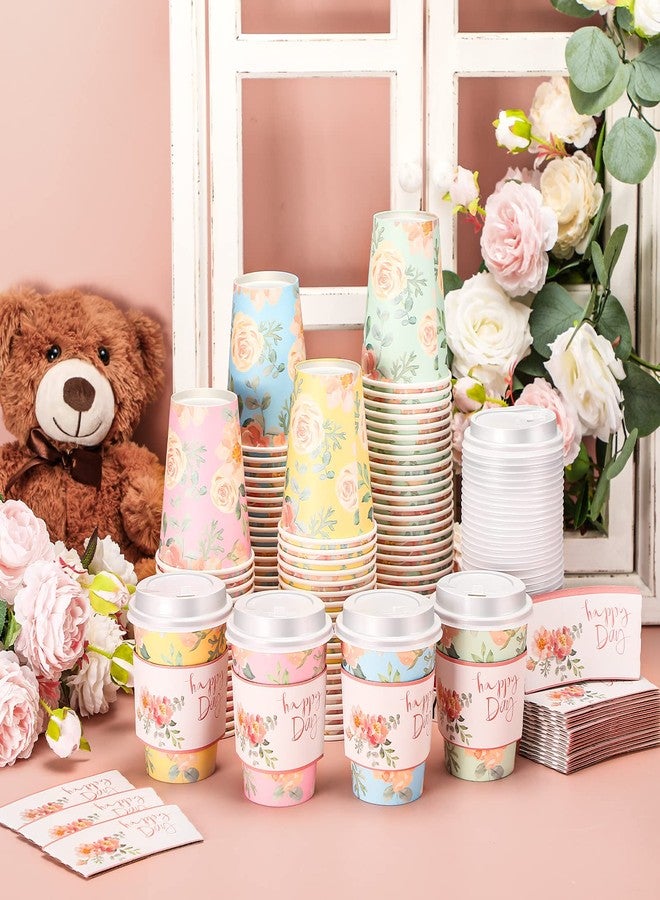Remerry 100 Pcs 12oz Floral Disposable Coffee Cups with 100 Lids and 100 Sleeves Paper Insulated Drink Hot Coffee Paper Cups with Dome Lids and Sleeves for Parties Wedding Baby Shower(Fresh) - Image 5