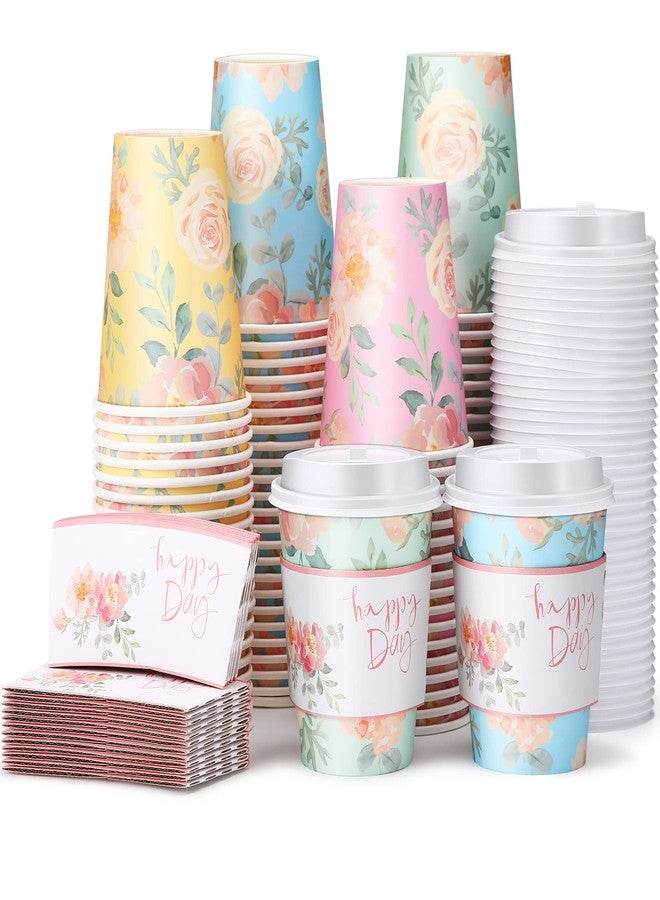 Remerry 100 Pcs 12oz Floral Disposable Coffee Cups with 100 Lids and 100 Sleeves Paper Insulated Drink Hot Coffee Paper Cups with Dome Lids and Sleeves for Parties Wedding Baby Shower(Fresh) - Image 1