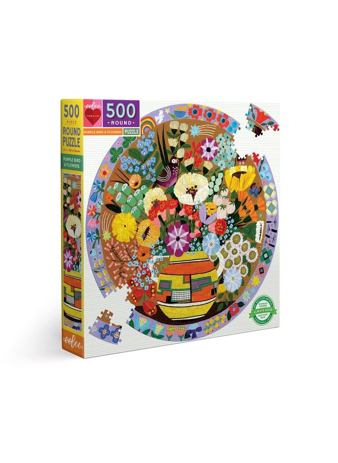 eeboo - : Piece And Love Purple Bird And Flowers 500 Piece Round Jigsaw Puzzle Sturdy Puzzle Pieces A Cooperative Activity With Friends And Family - Image 1
