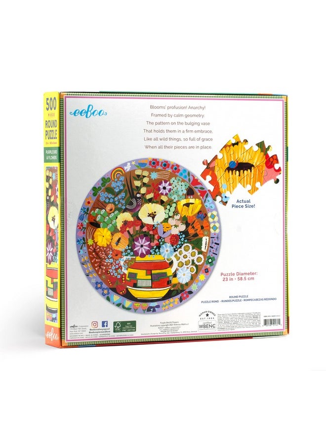 eeboo - : Piece And Love Purple Bird And Flowers 500 Piece Round Jigsaw Puzzle Sturdy Puzzle Pieces A Cooperative Activity With Friends And Family - Image 1