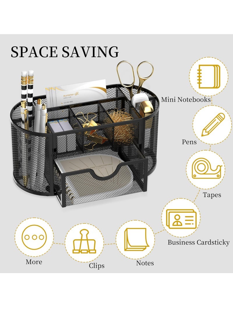Captaintech Desk Organizer, Desk Organizer Stationery Storage, Pencil Holder for Desk with 9 Compartments and Mini Drawer, Wire Mesh Office Supplies Desk Accessories & Workspace Organizers (Black) - Image 3