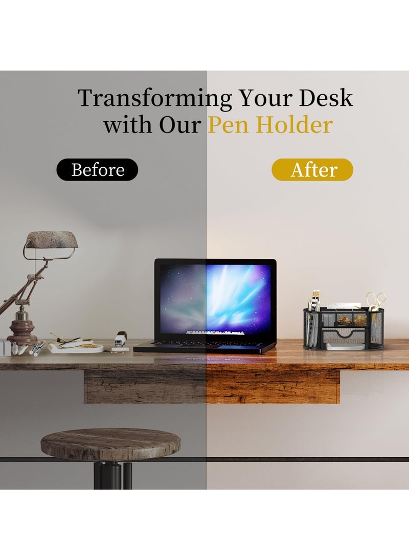 Captaintech Desk Organizer, Desk Organizer Stationery Storage, Pencil Holder for Desk with 9 Compartments and Mini Drawer, Wire Mesh Office Supplies Desk Accessories & Workspace Organizers (Black) - Image 2