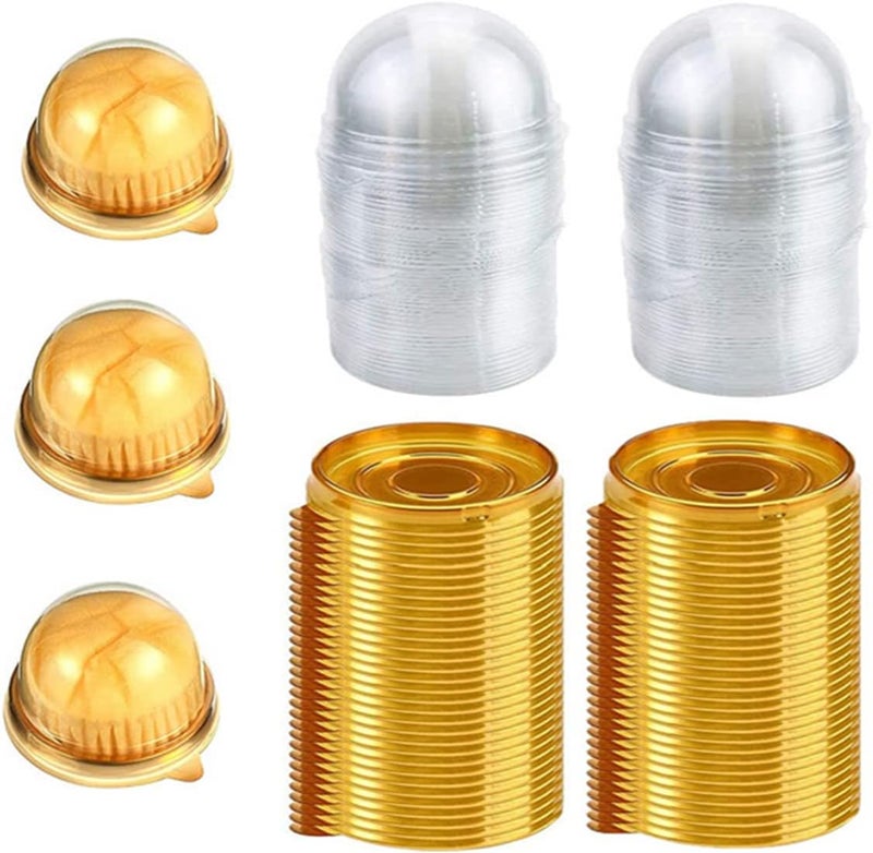 YUDONG 50Set 2 Inch of Clear Plastic Mini Cake Box,Cake Packing Boxes,Wedding Party Cake Container Muffins Cheese Pastry Dessert Mooncake Display Holder for Wedding Birthday Party (Golden) - Image 1