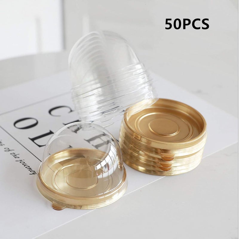 YUDONG 50Set 2 Inch of Clear Plastic Mini Cake Box,Cake Packing Boxes,Wedding Party Cake Container Muffins Cheese Pastry Dessert Mooncake Display Holder for Wedding Birthday Party (Golden) - Image 3