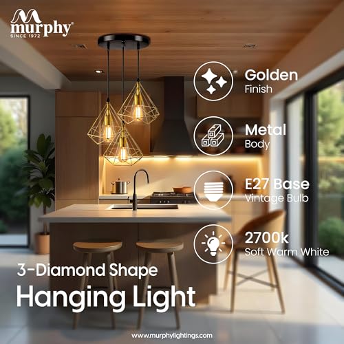 Murphy Hanging Light 3-Diamond Cluster Pendant Light, Modern Chandelier for Living Room, Diwali Decoration - Golden, Pack of 2 (Bulb Included) - Image 3