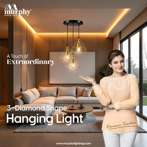Murphy Hanging Light 3-Diamond Cluster Pendant Light, Modern Chandelier for Living Room, Diwali Decoration - Golden, Pack of 2 (Bulb Included) - Image 2