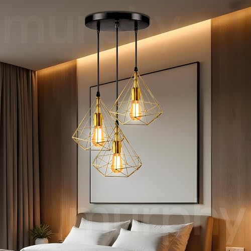 Murphy Hanging Light 3-Diamond Cluster Pendant Light, Modern Chandelier for Living Room, Diwali Decoration - Golden, Pack of 2 (Bulb Included) - Image 1