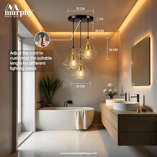 Murphy Hanging Light 3-Diamond Cluster Pendant Light, Modern Chandelier for Living Room, Diwali Decoration - Golden, Pack of 2 (Bulb Included) - Image 5