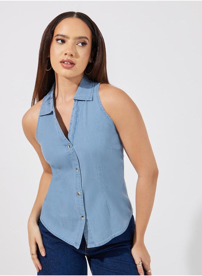 Styli Regular Fit Sleeveless Denim Shirt  - Image 1