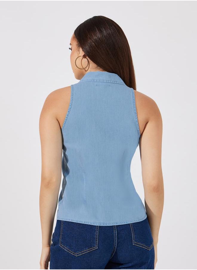 Styli Regular Fit Sleeveless Denim Shirt  - Image 4
