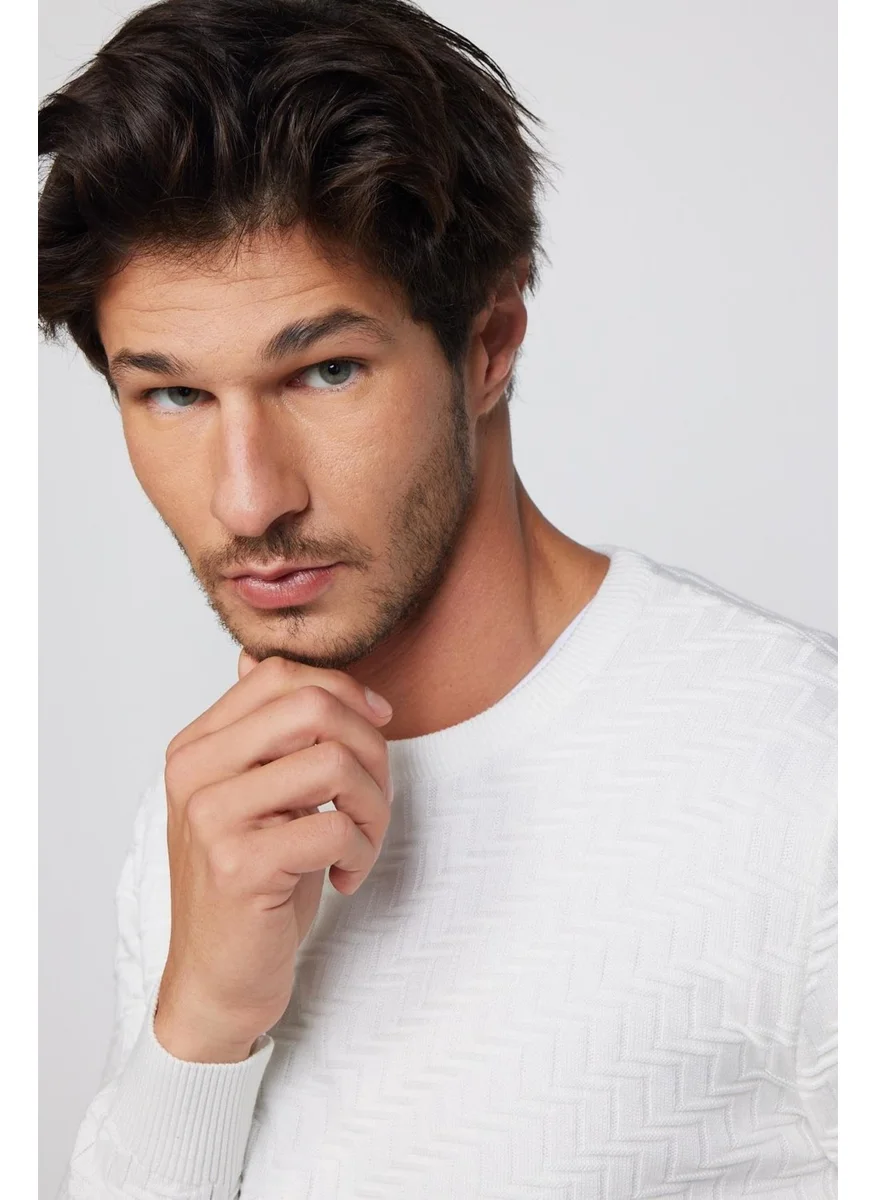 تودورس Slim Fit Slim Cut Crew Neck Patterned White Men's Sweater