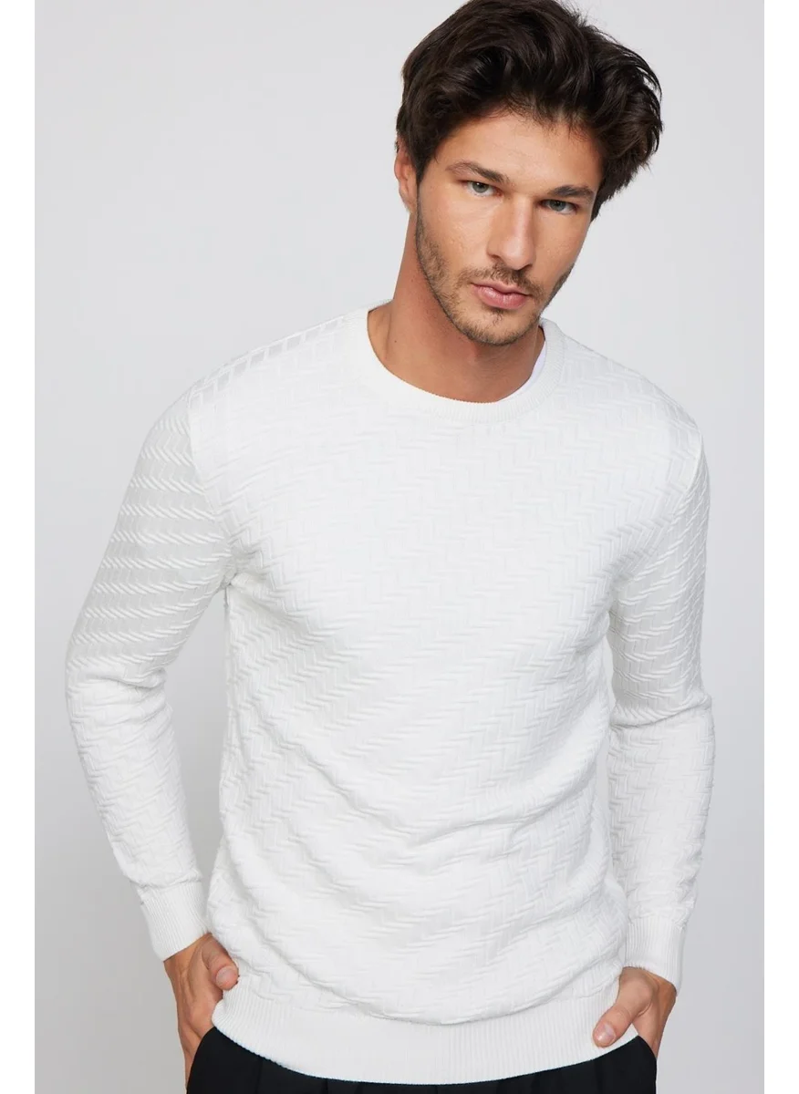 تودورس Slim Fit Slim Cut Crew Neck Patterned White Men's Sweater