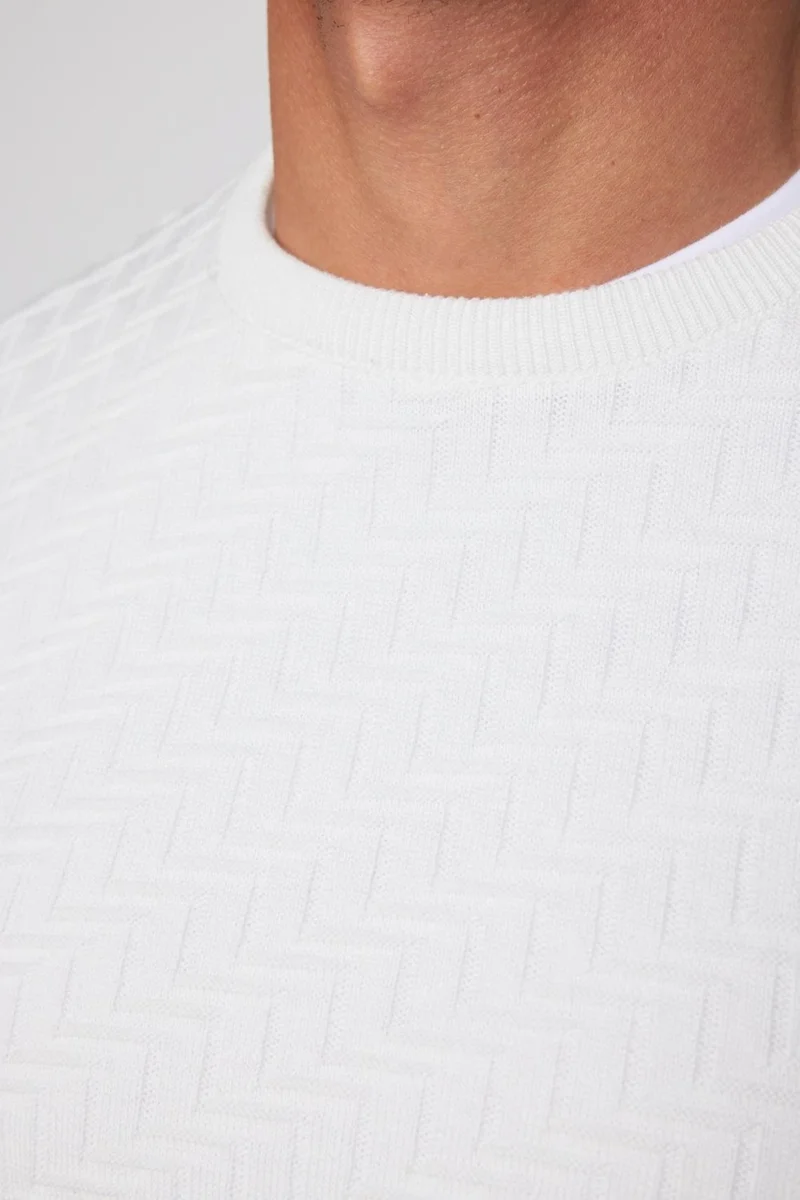 Tudors Slim Fit Slim Cut Crew Neck Patterned White Men's Sweater