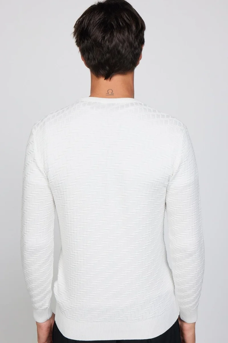 Tudors Slim Fit Slim Cut Crew Neck Patterned White Men's Sweater