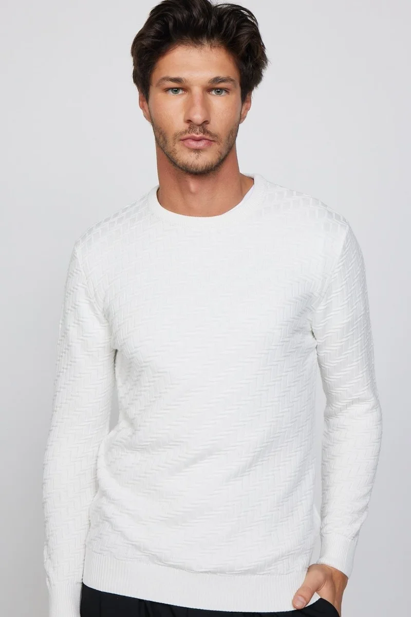Tudors Slim Fit Slim Cut Crew Neck Patterned White Men's Sweater