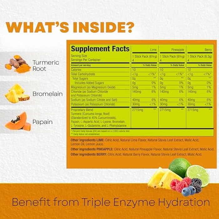 Bala Total Body Wellness Drink Mix - Hydrate & Recover Variety Pack - Pineapple, Lime & Berry - 4 Sticks/Flavor (12 Sticks Pack) - with Enzymes, Turmeric, Electrolytes, Amino Acids & Zero Sugar - Image 2