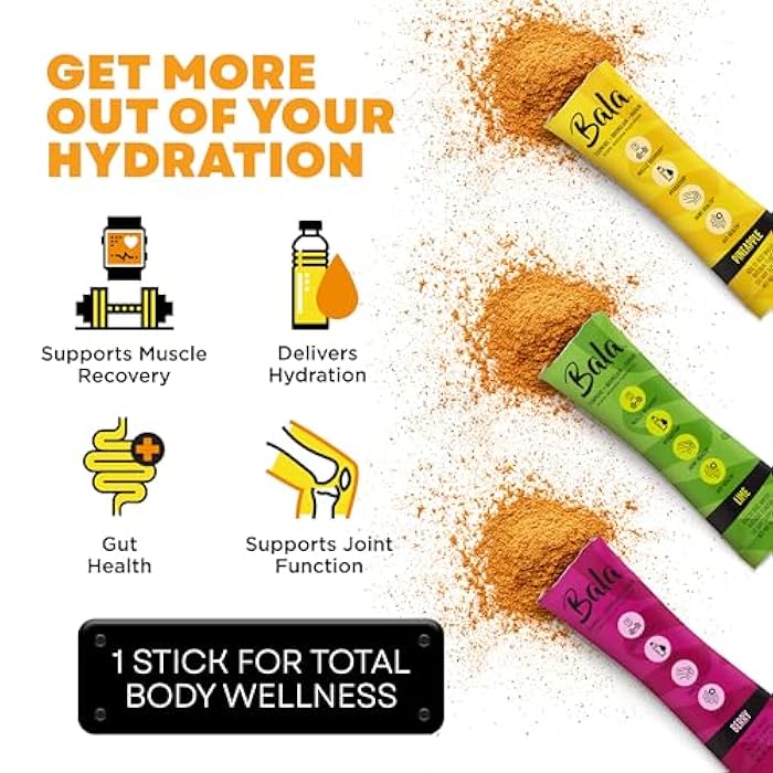 Bala Total Body Wellness Drink Mix - Hydrate & Recover Variety Pack - Pineapple, Lime & Berry - 4 Sticks/Flavor (12 Sticks Pack) - with Enzymes, Turmeric, Electrolytes, Amino Acids & Zero Sugar - Image 4