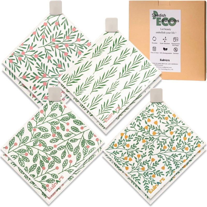 Eulnars Swedish Dishcloths for Kitchen, 8 Pack Green Reusable Paper Towels with Clips, Non-Scratch Swedish Kitchen Towels, Super Absorbent Cellulose Sponge Cloths, Dishwasher Safe, No Odor - Image 1