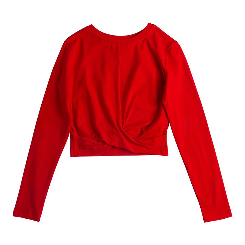 South Koreas new hem pleated navel round neck long sleeve stitching white high waist base shirt a generation of 246 Red 
