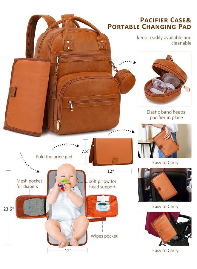 ROSEGIN Vegan Leather Diaper Bag Backpack With Changing Pad And Pacifier Holder Multifunctional Baby Bag For Boy Girl Waterproof For Travel Perfect Baby Shower Gifts For Mom Dad Newborn Brown - Image 5