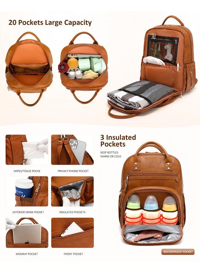 ROSEGIN Vegan Leather Diaper Bag Backpack With Changing Pad And Pacifier Holder Multifunctional Baby Bag For Boy Girl Waterproof For Travel Perfect Baby Shower Gifts For Mom Dad Newborn Brown - Image 3