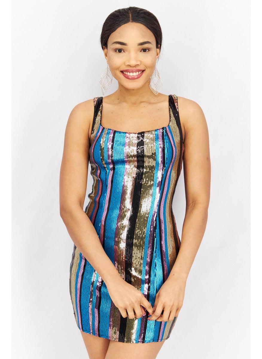 Aqua - Women Sequined Mini Bodycon Dress, Blue Combo - Image 1