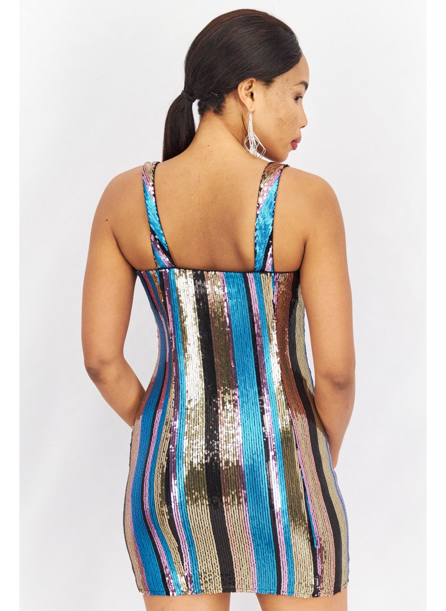 Aqua - Women Sequined Mini Bodycon Dress, Blue Combo - Image 1