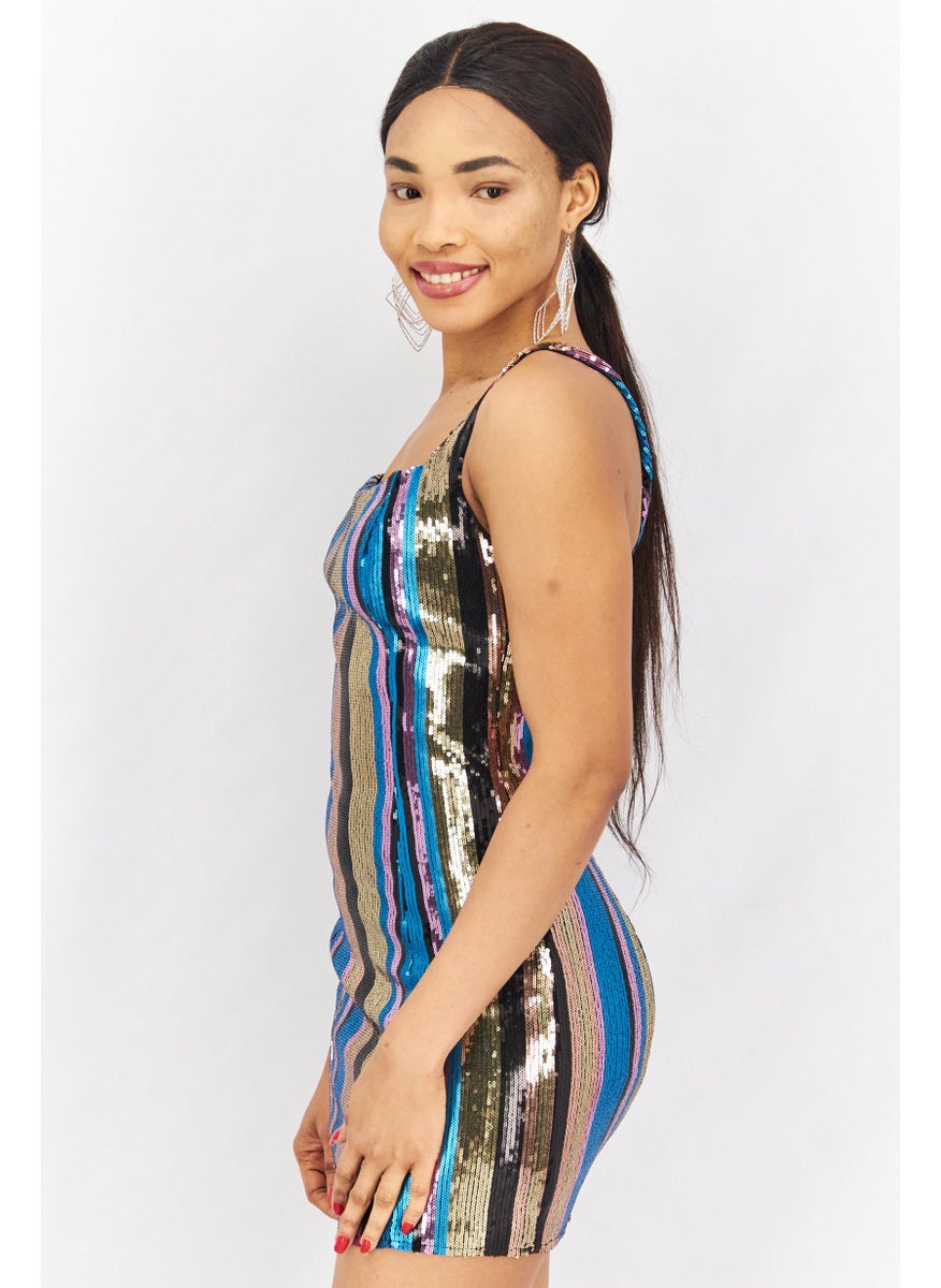 Aqua - Women Sequined Mini Bodycon Dress, Blue Combo - Image 1