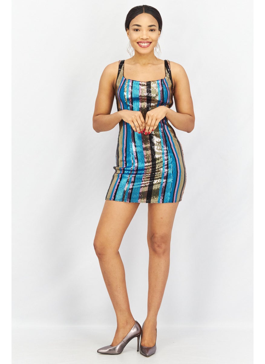 Aqua - Women Sequined Mini Bodycon Dress, Blue Combo - Image 1