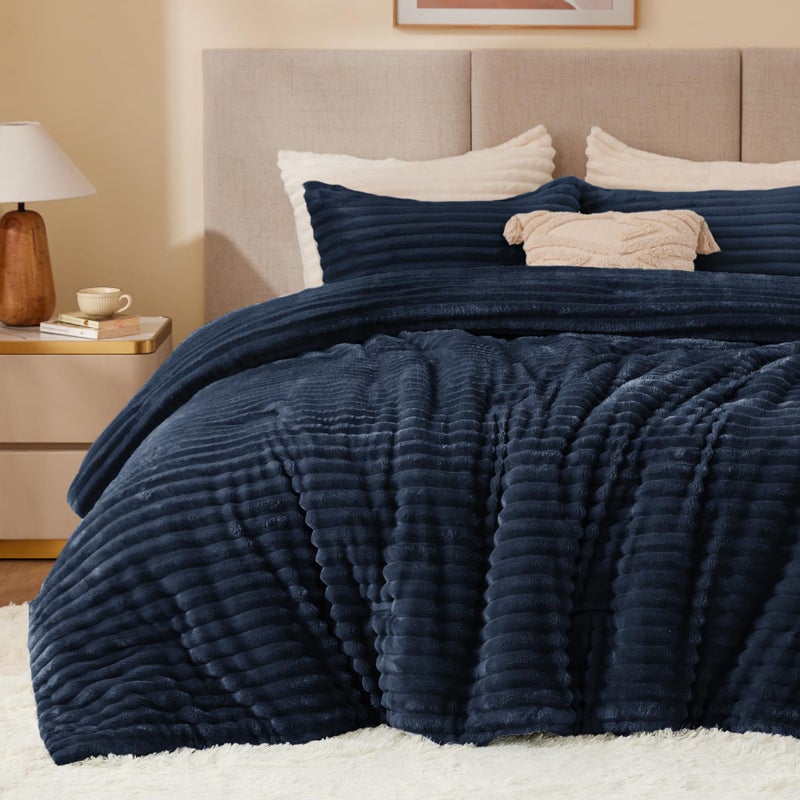 BEDELITE Fleece Queen Comforter Set -Super Soft & Warm Fluffy Navy Blue Bedding, Luxury Fuzzy Heavy Bed Set for Winter with 2 Pillow Cases - Image 1