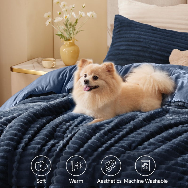 BEDELITE Fleece Queen Comforter Set -Super Soft & Warm Fluffy Navy Blue Bedding, Luxury Fuzzy Heavy Bed Set for Winter with 2 Pillow Cases - Image 3