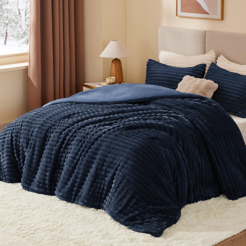 BEDELITE Fleece Queen Comforter Set -Super Soft & Warm Fluffy Navy Blue Bedding, Luxury Fuzzy Heavy Bed Set for Winter with 2 Pillow Cases - Image 2