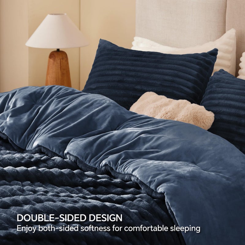 BEDELITE Fleece Queen Comforter Set -Super Soft & Warm Fluffy Navy Blue Bedding, Luxury Fuzzy Heavy Bed Set for Winter with 2 Pillow Cases - Image 5
