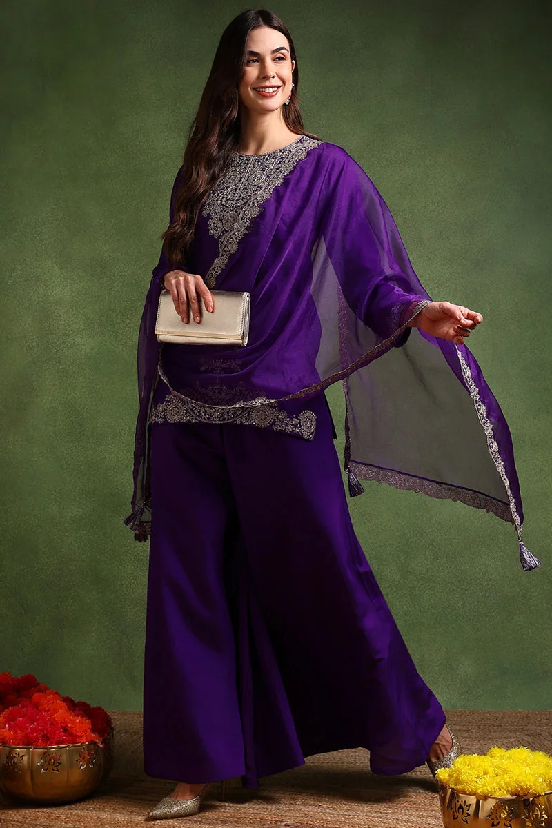 زيري سوق Purple Silk Blend Solid Embroidered Straight Palazzo Set