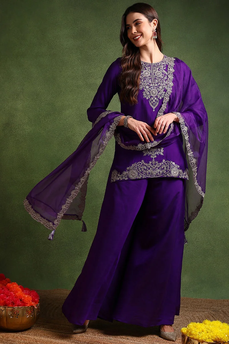 زيري سوق Purple Silk Blend Solid Embroidered Straight Palazzo Set