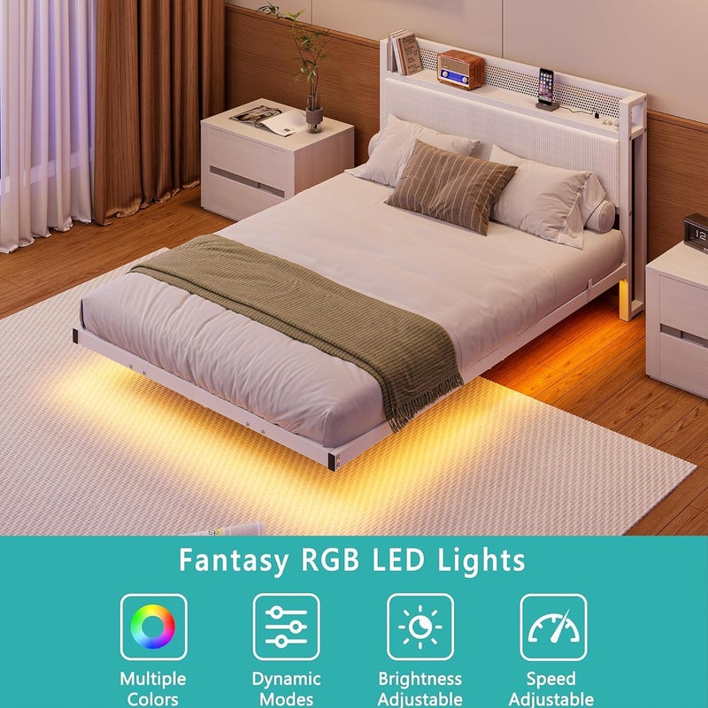 إطار سرير معدني عائم مزدوج مع أضواء LED ومحطة شحن USB، إطار سرير منصة معدني 135x190 سم مع رأس سرير مخزن 4 أقدام و6 بوصات، شرائح معدنية متينة، خالٍ من الضوضاء / لامع أبيض - Image 4