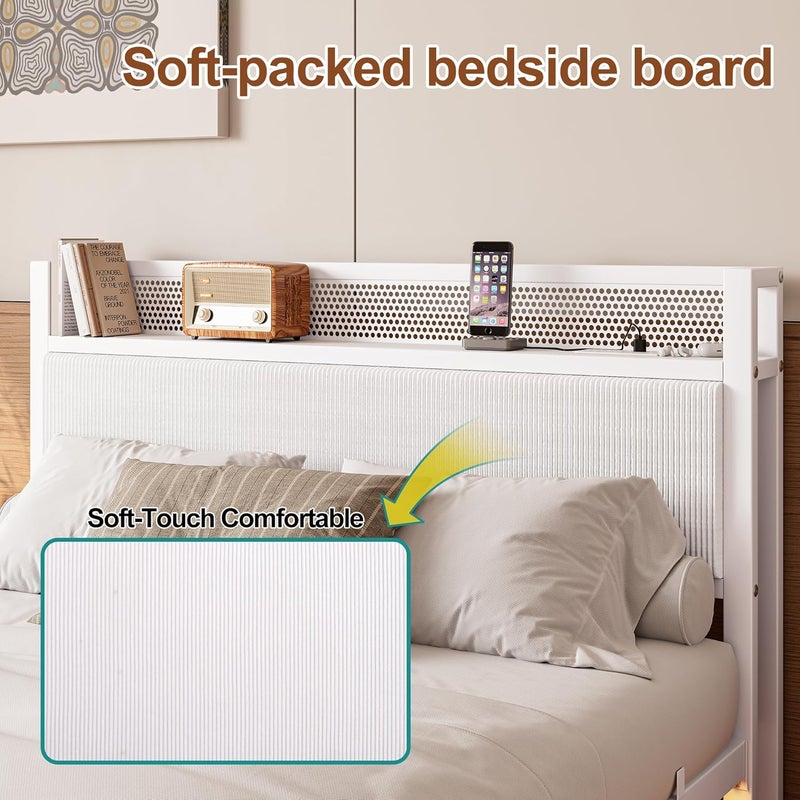 إطار سرير معدني عائم مزدوج مع أضواء LED ومحطة شحن USB، إطار سرير منصة معدني 135x190 سم مع رأس سرير مخزن 4 أقدام و6 بوصات، شرائح معدنية متينة، خالٍ من الضوضاء / لامع أبيض - Image 5