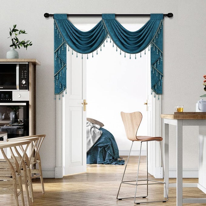 PEACOCK BLUE CHENILLE WATERFALL VALANCE FOR LIVING ROOM 2 HOLLOW SWAGS VALANCE FOR KITCHEN ROD POCKET1 PANEL
