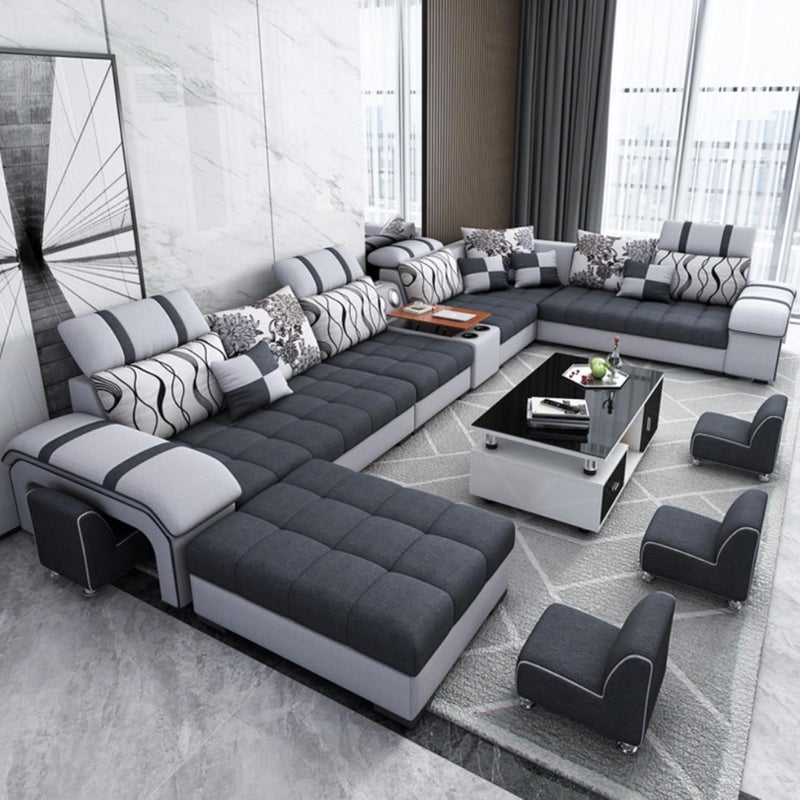 Modern Luxury 7 Seater Modular Fabric Sofa Set - U Shaped Sectional Couch (Grey, Left Hand Facing) - Image 3