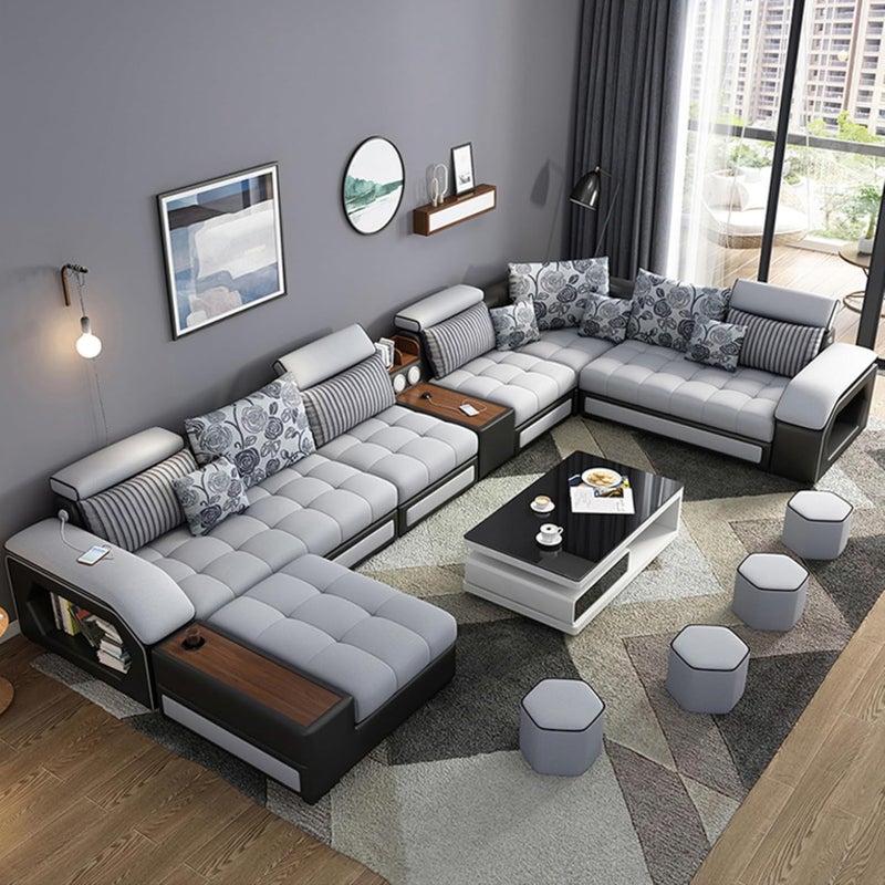 Modern Luxury 7 Seater Modular Fabric Sofa Set - U Shaped Sectional Couch (Grey, Left Hand Facing) - Image 1