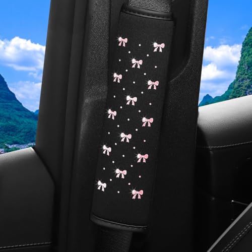 KHGUZ Bling Car Seat Belt Cover, 2PCS Rhinestone Cute Bow Comfort Vehicle Seatbelt Shoulder Pad, Diamond Automotive Interior Harness Neck Cushion Protector Accessories, Universal Fit (Pink) - Image 4