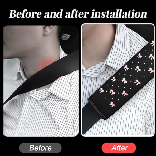 KHGUZ Bling Car Seat Belt Cover, 2PCS Rhinestone Cute Bow Comfort Vehicle Seatbelt Shoulder Pad, Diamond Automotive Interior Harness Neck Cushion Protector Accessories, Universal Fit (Pink) - Image 5