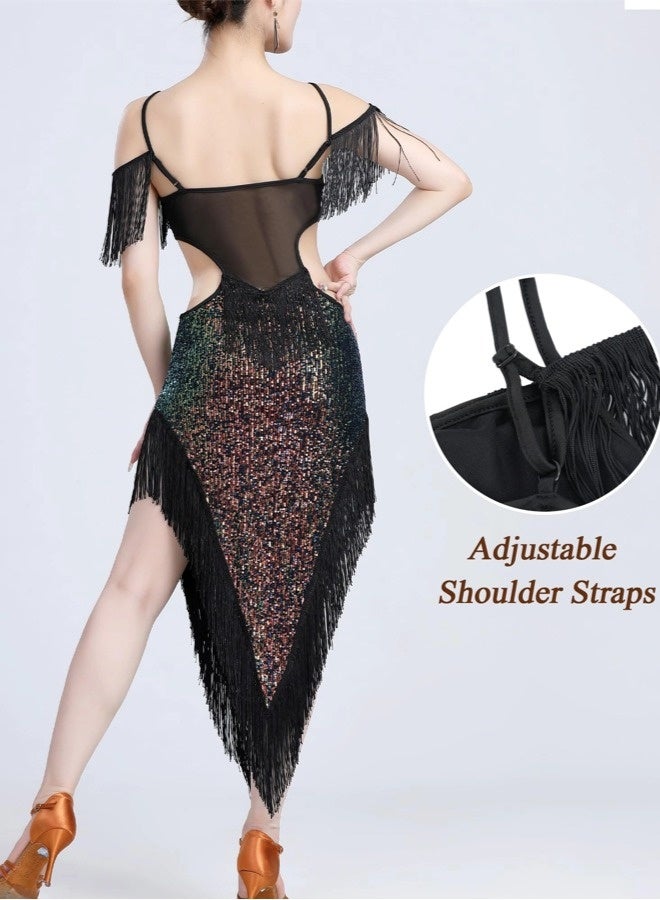 ShebSheb Women's Sequin Fringe Dance Dress with Adjustable Straps – Vintage Flapper Style Latin Party Performance Dress - Image 2