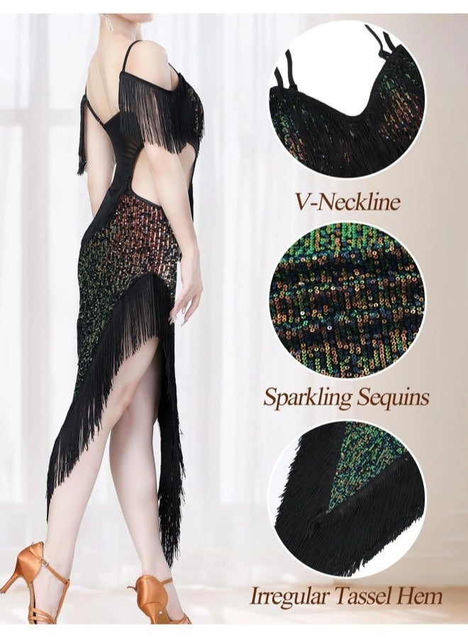 ShebSheb Women's Sequin Fringe Dance Dress with Adjustable Straps – Vintage Flapper Style Latin Party Performance Dress - Image 5