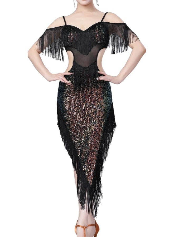 ShebSheb Women's Sequin Fringe Dance Dress with Adjustable Straps – Vintage Flapper Style Latin Party Performance Dress - Image 1