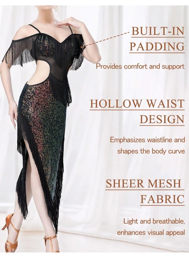 ShebSheb Women's Sequin Fringe Dance Dress with Adjustable Straps – Vintage Flapper Style Latin Party Performance Dress - Image 4