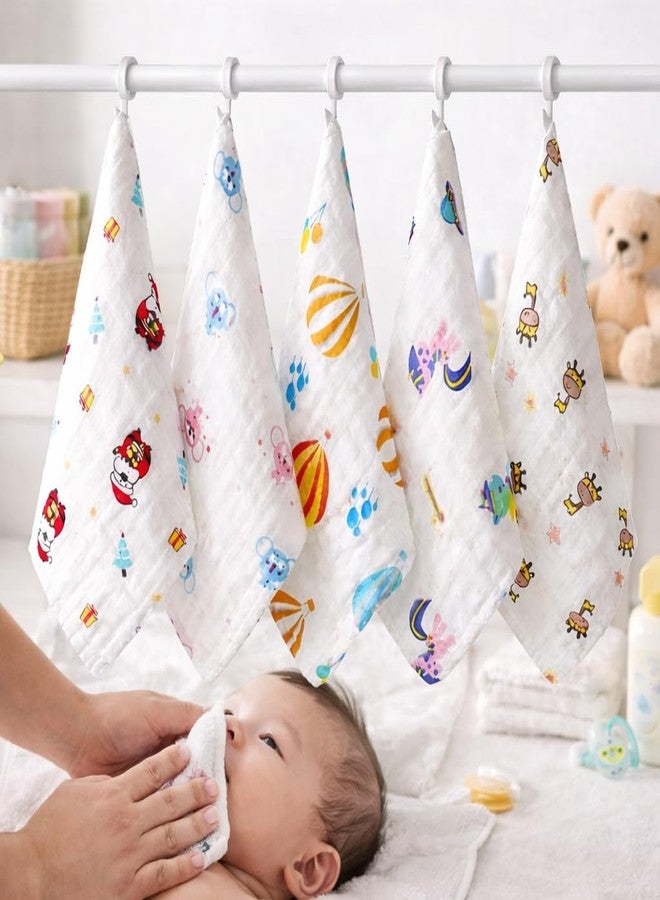 VEWIKZY Muslin Cotton Face Towels for New Born Baby | Extra Soft Hankies Reusable Napkins for Infants Toddlers | Baby Care Soft & Absorbent | Random Prints | Pack of 5 - Image 1